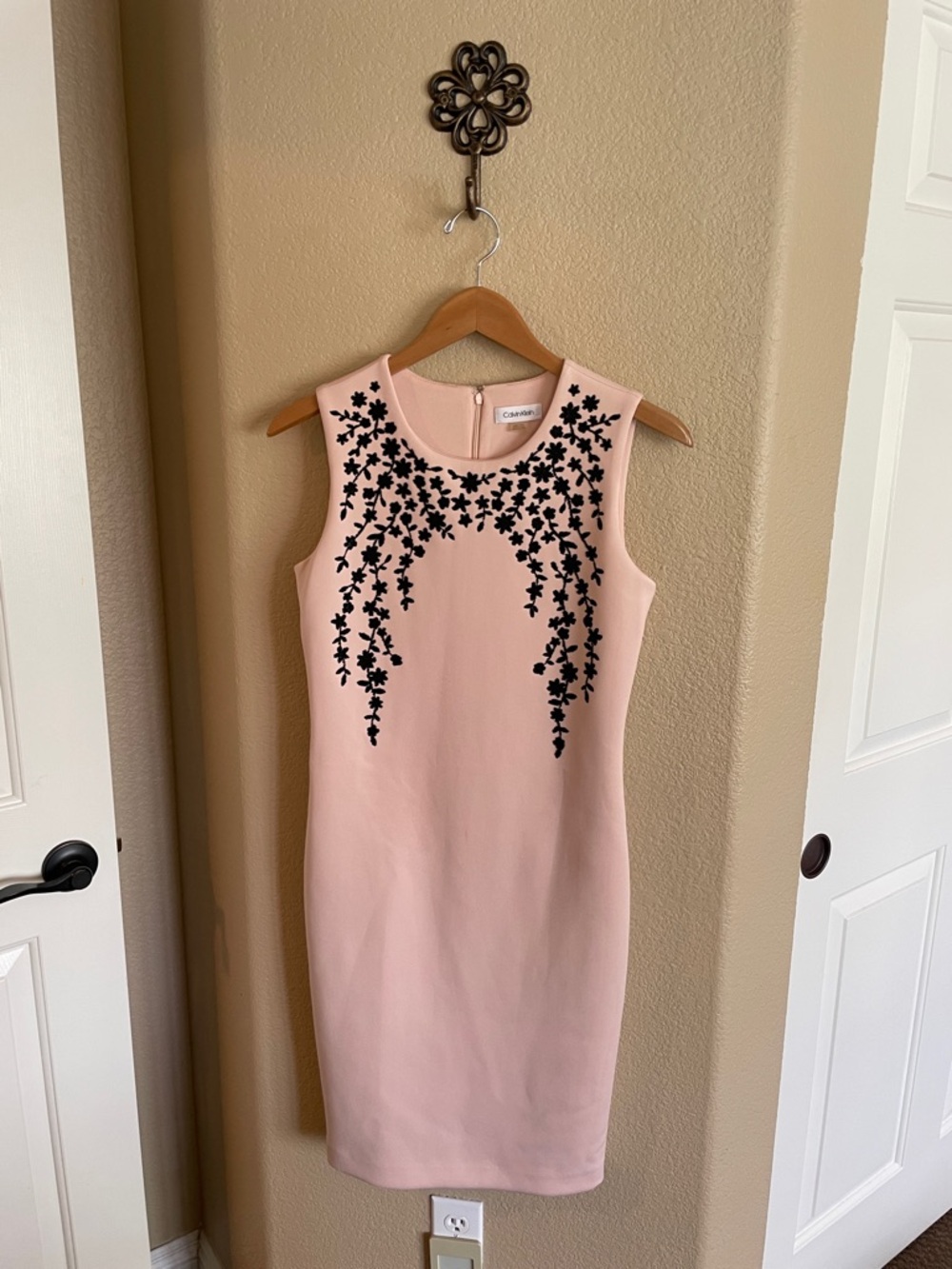 Calvin Klein Blush Pink Midi Sheath Dress with Black Embroidered Floral Appliqué